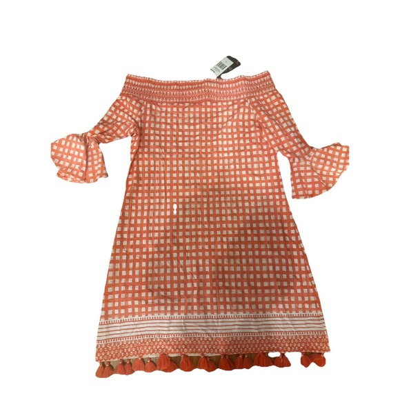 Cabana Life Dresses & Skirts - Cabana Life Coral Off Shoulder Tassel Dress Bell Sleeves M NWT
